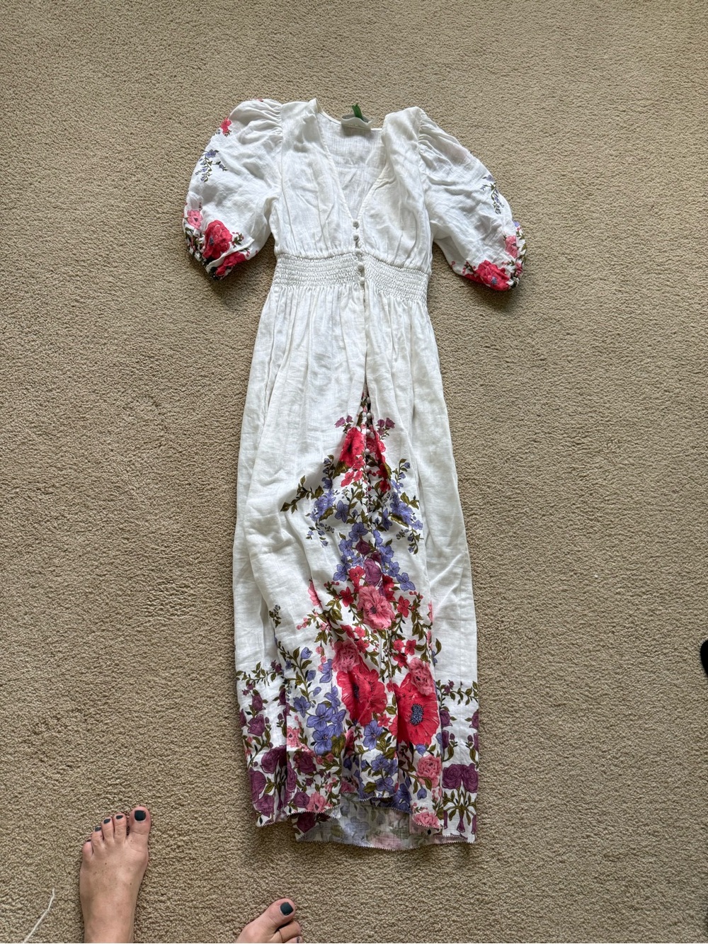 Zimmermann White Floral Midi Dress with Puff Sleeves